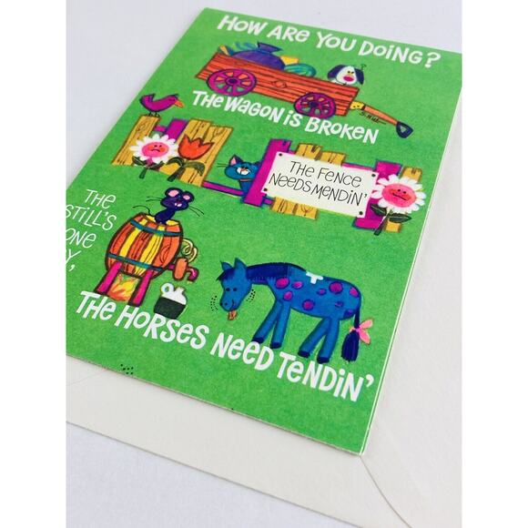 Vintage Hallmark Trifold Greeting Card Farm Funny RARE Get Well Horses Puppy Sad - Picture 2 of 9